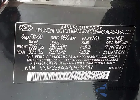 2020 Hyundai Santa Fe Limited 2.0T из США, поврежденный, VIN 5NMS53AA7LH274089